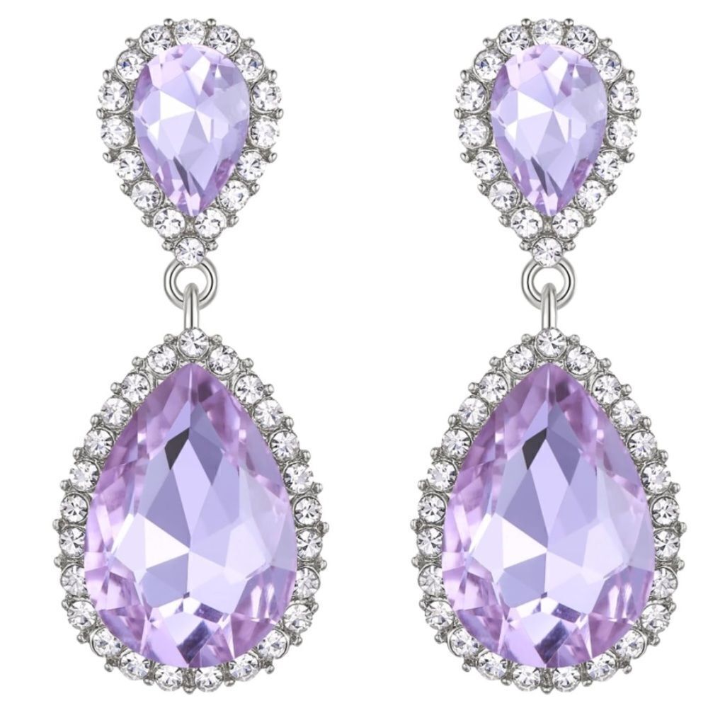 Silver with Light Amethyst and Diamond Austrian Crystal Teardrop Post Earrings